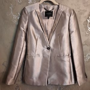 L.K. BENNETT BLACK RIBBON SILVER METALLIC SILK BLEND SINGLE BUTTON BLAZER